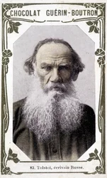 ロシアの作家（1828-1910）、トルストイ伯爵レフ・ニコラエヴィチ（レオ・トルストイ）の肖像。ヴィネット・デ・ショコラ・ゲラン-ブトロン