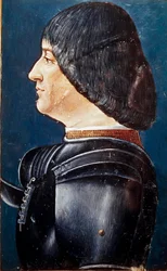 Ludovic Marie Sforza dit le More (Ludovico Maria Sforza detto il Moro) (1452-1508)の肖像 Aelius Donatus (Donato)の "Grammatica "のミニチュア 15世紀後半ミラノのトリヴルジアーナ図書館、ms.2167。