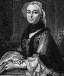 マダム・ジェフラン、旧姓マリー・テレーズ（Marie-Therese）ロデ（1699-1777）の肖像 - 1862年のエングレーヴィング、ジャン・ジェルマン・デザイア・アルマンドーの指揮の下で出版された本、最初の作家たちによる「世界の女王たち」の中で