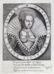 マルゴット王妃ことマルグリット・ド・ヴァロワ（1553-1615）の肖像。16世紀のエングレーヴィング。ポー、シャトー美術館