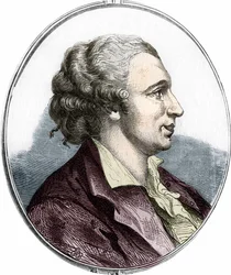 Pierre Augustin Caron de Beaumarchais (1732 - 1799) フランスの作家、劇作家のポートレート、1866年のエングレーヴィング。