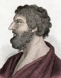 ミティレネのピッタコスの肖像 ギリシアの政治家（紀元前650～570年）（Pittacus of Mytilene）。19世紀のエングレーヴィング。
