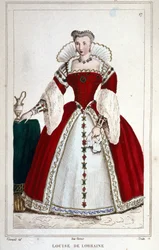ヘンリー3世の妻、ルイーズ・オブ・ロレーヌ王妃（1553 - 1601）の肖像。1830年のエングレーヴィング。