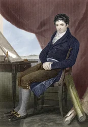 アメリカの造船技師ロバート・フルトン（1765〜1815）の肖像（「ノーチラス号」）。19世紀のエングレーヴィング。