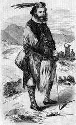 Roualeyn George Gordon Cumming (1820-1866) スコットランドの旅行者でライオン・ハンター。1858年5月8日付「The Illustrous World」56号に掲載されたリントンによる版画。