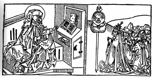 スウェーデンの聖ブリジット（1103年〜1373年）の肖像。VoragineのJacobus（James）（1228-1298）による「Leben der Heiligen - sommerteil」（聖人の書）からのエングレーヴィング。リュベック 1488年