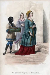 エルサレムのシビラ（エルサレムの巫女シビラ）（1160年頃-1190年頃）、エルサレムの王女、のち王妃の肖像。モーリス・ラシャトル著「教皇史」所収、1842年の版画。個人蔵。