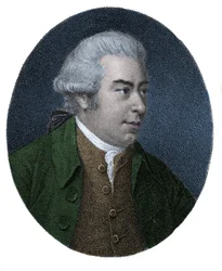 イギリスの探検家・博物学者、サー・ジョセフ・バンクス（1743-1820）の肖像。19世紀のカラーエングレーヴィング。