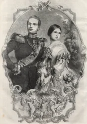 ヴィクトリア王女（1840-1901）（ヴィクトリア女王）とプロイセン皇太子フレデリック・ウィリアム（1831-1888）の両殿下の肖像。1858年のエングレーヴィング。
