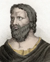 ギリシャの哲学者エフェソスのヘラクライト（紀元前576～480年）（エフェソスのヘラクレイトス）の肖像。19世紀のエングレーヴィング。
