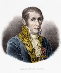 アレッサンドロ（アレクサンドル）・ボルタ（1745-1827）のポートレート。イタリアの物理学者、電気電池の発明者。19世紀のエングレーヴィング