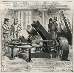 陶器。レンガの機械成形に使用されるフルーリー社の機械。Adolphe BITARDの "Les arts et metiers illustres "に掲載された1885年の図版。