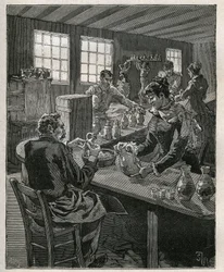 陶器： 充填用の陶器。Adolphe BITARDの "Les arts et metiers illustres "に掲載された1885年のエングレーヴィング。