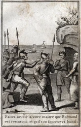 皇帝アレクシスから身を守るために死んだふりをしていた王子ボエモンが復活し、「ボエモンが復活したことを主人に知らせ、すぐに気づくように」と民衆に宣言した。12世紀。ボーテ・ドゥ・ヒストイ」に掲載された版画