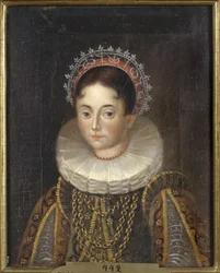 Princes Elisabeth de Suede, duchesse consort de Mecklembourg Gadebusch - Portrait of Princess Elizabeth of Sweden (1549-1597), Duchess of Mecklenburg, Anonymous .キャンバスに油彩。サイズ : 28x22 cm。ストックホルム国立博物館