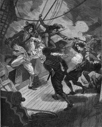 船に接近する私掠船ジャン・バート（1650-1702）。19世紀のエングレーヴィング。ジュール・ミシュレの『フランス史』の中で