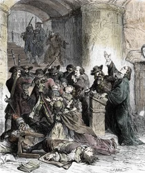 Edit de Nantes (ルイ 14 世 (1681-1686) の下のドラゴンネード: カトリックの兵士 (ドラゴン) がプロテスタントを虐殺した後) の廃止後の教区の禁止とプロテスタントの逮捕. 19 世紀 (彫刻)