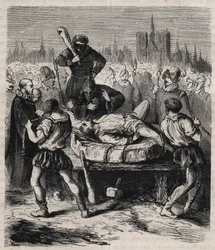 1610年、パリのグレーヴ広場における、アンリ4世（1553-1610）の暗殺者フランソワ・ラヴァイヤック（1578-1610）の処罰 - ピエール・ザッコーヌ（1817-1895）著『秘密結社、政治的・宗教的結社の歴史』所収、1879年の版画
