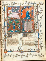 1353 年頃、スイスのギヨーム・ド・ロリス (1200 年から 1238 年頃) とジャン・ド・メン (1240 年から 1305 年) による写本「ル・ロマン・ド・ラ・ローズ」の「「さまざまな活動で忙しい 4 人の男性」」ページが照らされました。ジュネーブ図書館