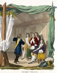 ルイ14世(1638-1715)の前でのルネ・デュゲイ・トルアン(Duguay-Trouin)(Rene Trouin du Gue dit)(1673-1736)。19世紀のエングレーヴィング。