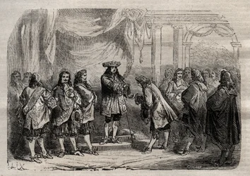 ルイ14世の手からサン・ルイの十字架を受け取るルネ・デュゲイ・トルワン（デュゲイ・トルワン）（ルネ・トルワン・デュ・グー・ディ）（1673年～1736年） - 「Dictionnaire populaire illustrious」に掲載された彫刻 - 1864年 - Joseph DecembreとEdmond Allonierによる - 。