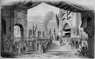 1867年3月11日にパリ・オペラ座で上演されたジュゼッペ・ヴェルディのオペラ『ドン・カルロ（ドン・カルロス）』（全5幕）を表現したもの。第3幕の車ダフェ、カンボンとティエリーの装飾。1867年のエングレーヴィング。