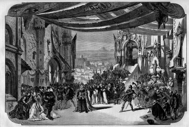 1867年3月11日にパリ・オペラ座で上演されたジュゼッペ・ヴェルディによる全5幕のオペラ「ドン・カルロ（ドン・カルロス）」を表現したもの。ヌーヴィルの絵では、第3幕、第4画、第9場。