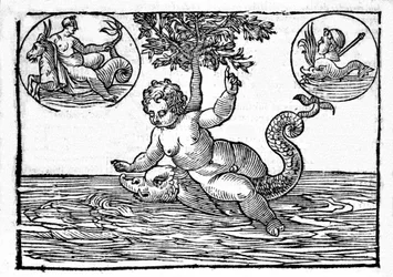 海の神イノーとその息子パレモンの図柄。ナタリス・コミティスの「神話と寓話の説明」からの版画。1637.