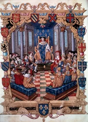 国王フランソワ1世（1494-1547）が12人の側近を囲んでいる様子を表したもの。ミニアチュールより。16世紀シャンティイ、コンデ美術館