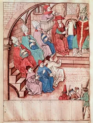 1414年から1418年の間に開催されたコンスタンツ公会議の様子を表したもので、上には教皇マルティヌス5世が乗っています（View of the Council of Constance, ca 1417） Ulrich Richental（1360-1437）による「コンスタンツ公会議の年代記」から抜粋したミニチュアです。