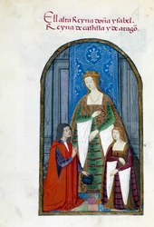 スペイン女王イザベラ・ザ・カトリック（1451-1504）、その娘ジャンヌ・イエール・ザ・フォル（1479-1555）、ペドロ・マルクーロを表現したもの。ペドロ・マルの「スペイン女王ジョアン・ジ・フォル（1479-1555）の献身のコレクション」から抜粋した原稿のページ