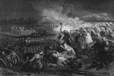 1837年、コンスタンティヌスでフランス軍が形成した広場の前でのアラブ人の退却（レオン・ガリベール著「Algerie ancienne et moderne」より