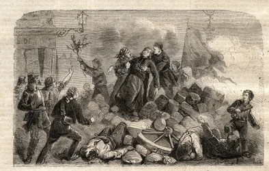 革命1848年"The Archeveque Monsignor Denis Affre (1793-1848) on the Barricade Faubourg Saint Antoine in Paris 26/06/1848 (Do o mon dieu que mon sang soit le dernier verse) (Death Denis Affre Archbishop of Paris of the barricade at the entrance to t t