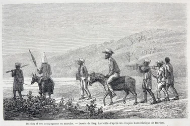 イギリスの探検家、リチャード・フランシス・バートン（1821-1890）とアフリカの仲間たち。Tour du Monde "の2学期に掲載された記事 "Captain Burton