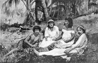 ロバート・ルイス・スティーブンソン(1850 - 1894)が、ヴァイリマに住居を構えていたサモアで、妻と一緒に撮影したもの。1890-1895年頃のエングレーヴィング。