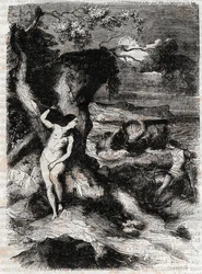 Roland delivre Olympe - Ludovico Ariostoの "Roland furieux" (Orlando furioso) (16世紀)からの1851年のエングレーヴィング、通称Ariosto - Edition translated by the Count of Tressan and published by Gustave Harvard 1851
