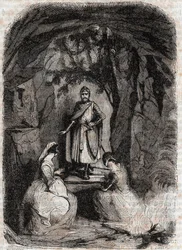 ローランが洞窟でイザベルを見ている-1851年の版画-アリオスタで知られるルドヴィコ・アリオストの「激情のローラン」（Orlando furioso）（16世紀）より-トレッサン伯爵がイタリア語から翻訳し、グスタフ・ハーバードが出版した版 1851年