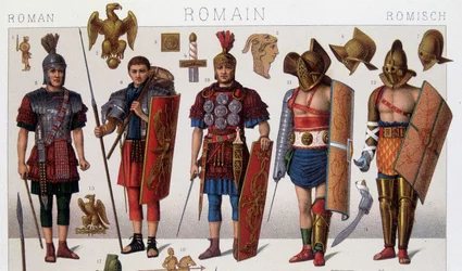 ローマのグラディエーターの衣装と戦士たち。19世紀のクロモリトグラフ。