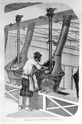 王立たばこ工場：たばこの粉砕。19世紀の版画。