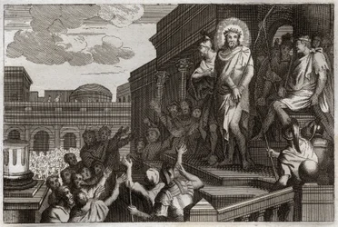 ローヤルモン聖書、新約聖書。エクセ・ホモ。ポンティウス・ピラト(Pontius Pilatius)は、「ここにその人あり」と言って、いばらを持ったイエス・キリストを群衆に差し出します。1811年のイラスト。