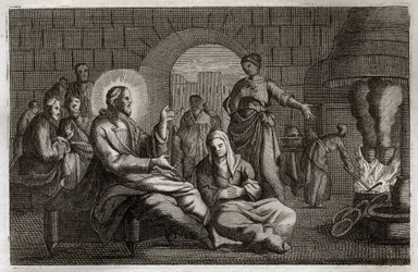 ローヤルモン聖書、新約聖書。マルタとマリアイエス・キリストはマルタの家に入り、マルタは急いで彼を迎え入れ、妹のベタニーのマリアは彼の言葉を聞いています。1811年のイラスト。