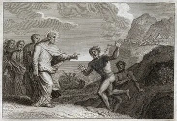 ローヤルモン聖書、新約聖書。憑依された悪霊。イエス・キリストは、悪魔が激怒した憑依者を癒した。1811年のイラスト。