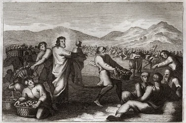 ローヤルモン聖書、新約聖書。斤の伝播。イエス・キリストは5つのパンを増やし、5,000人の人々を養った。1811年のイラスト。