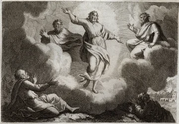 ロイアモント聖書、新約聖書。イエス・キリストの変容。キリストはモーセとエリヤを囲み、下には使徒の聖ヨハネ、ペテロ、ヤコブがいる。1811年のイラスト。