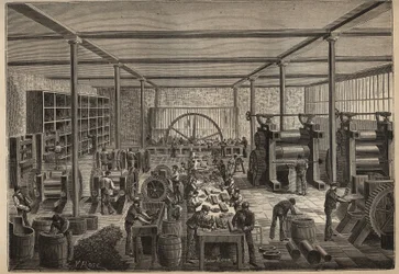 ゴム：ゴム工場。Adolphe BITARDの "Les arts et metiers illustres "に掲載された1885年の版画。