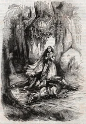 サクリパント（Sacripante）がアンジェリカ（Angelica）の前でデサルコンヌ（desarconne）する-アリオスタとして知られるルドヴィコ・アリオスト（Ludovico Ariosto）の「Roland furieux」（Orlando furioso）（16世紀）の1851年の版画-トレサン伯爵がイタリア語から翻訳した版とp