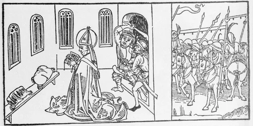 サン・ランベールVoragineのJacobus（James）（1228-1298）による「Leben der Heiligen - sommerteil」（聖人の書）からのエングレーヴィング。Lubeck 1488年。