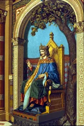 正義の裁きを行うサン・ルイ（ルイ9世）（1214年～1270年）。クロモリトグラフィー。
