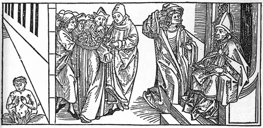 聖セヴェリン。VoragineのJacobus（James）（1228-1298）による「Leben der Heiligen - sommerteil」（聖人の書）からのエングレーヴィング。Lubeck 1488年。