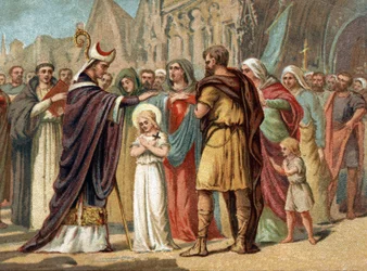 パリの守護聖人サント・ジュヌヴィエーヴ(422-502)とサン・ジェルマン・ドーセール......1890年頃のクロモリ写真